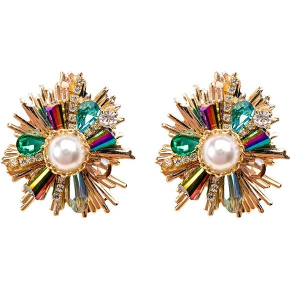 Vintage Flower Earrings | Gold-Toned Rhinestone & Pearl Medieval Style